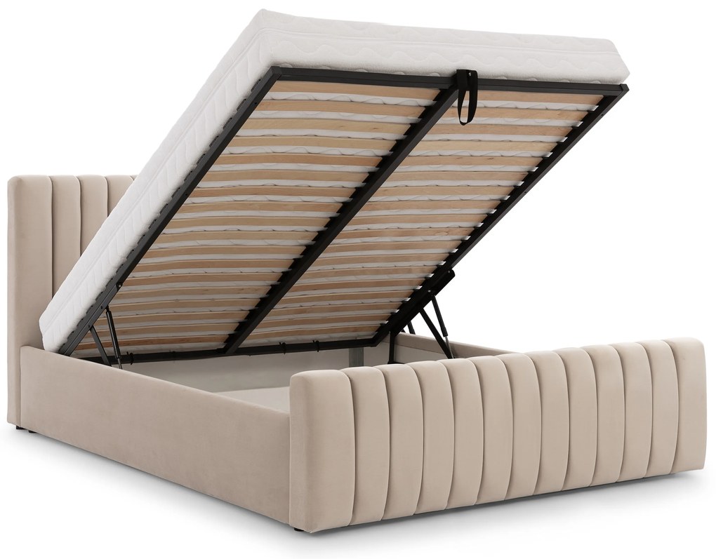 Pat tapițat Nicole 140x200 cu ladă depozitare - velur bej Velluto 2