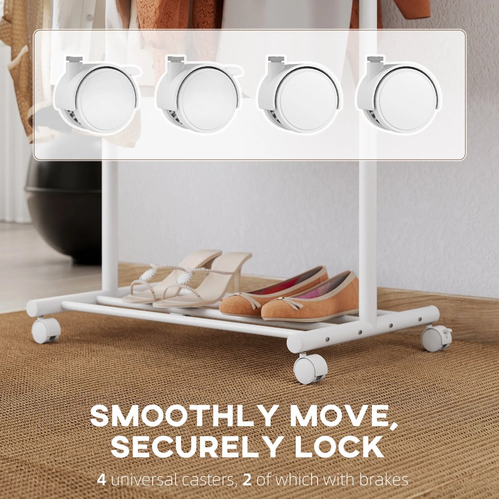HOMCOM Cuier de Podea cu Roți, Stand de Haine cu 5 Cârlige și Raft Inferior pentru Încălțăminte, pentru Cameră, Intrare și Coridor, Alb | Aosom Romania