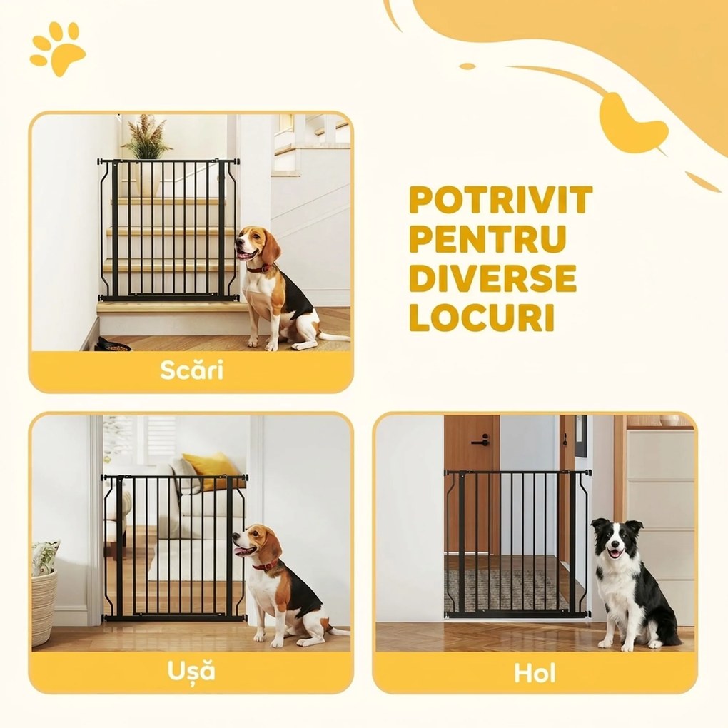 PawHut Poartă Extensibilă și Reglabilă pentru Câini, pentru Scări și Uși, din Oțel și ABS, 75-85x76 cm, Negru | Aosom Romania