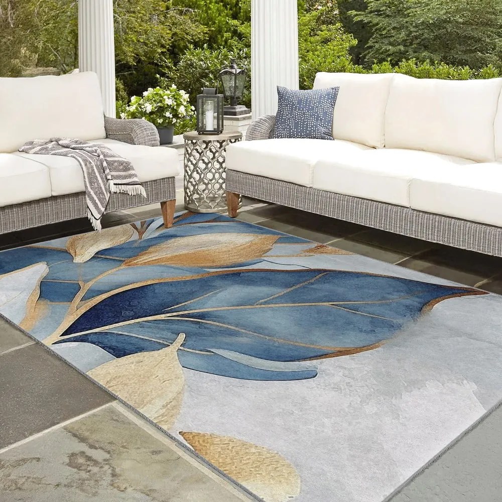Covor albastru/auriu lavabil 120x180 cm Golden Leaves – Mila Home
