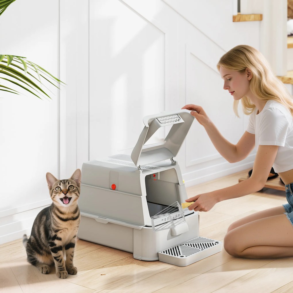 PawHut Litieră închisă pentru pisici de 80L cu tavă detașabilă, din ABS și oțel inoxidabil, 63x43x43 cm, gri deschis | Aosom Romania