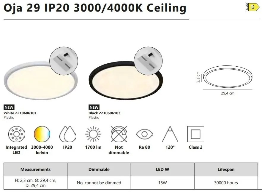Plafoniera slim LED Oja 29 IP20 3000/4000K negru