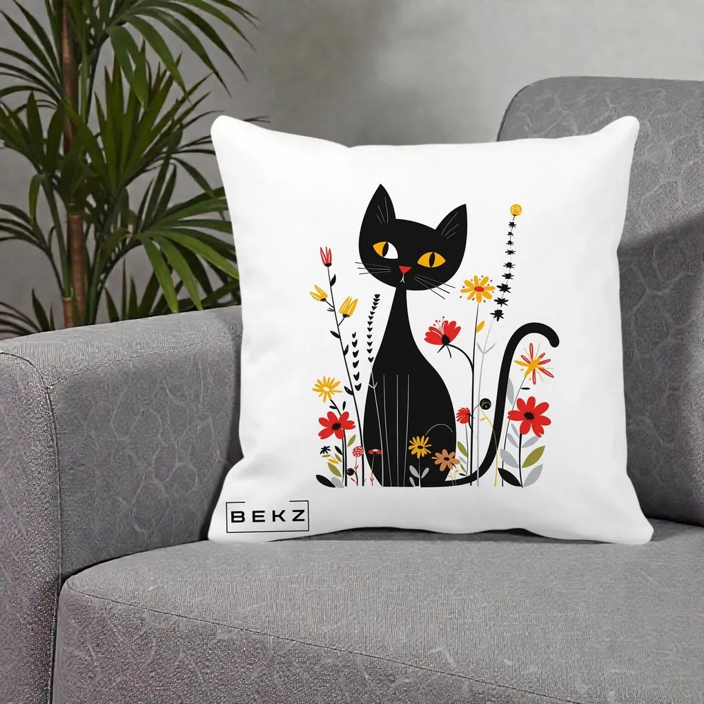 Perna Decorativa Pisica Neagra Ochi Galbeni Flori, 40x40 cm, Alba Mata, Husa Detasabila, Perna Inclusa, BEKZ®