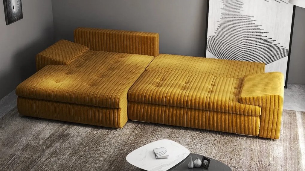 Colțar extensibil dumonde cu ladă de depozitare si sezut confortabil din spuma high-density, Leonardo Ambience Mustar 260x185 cm