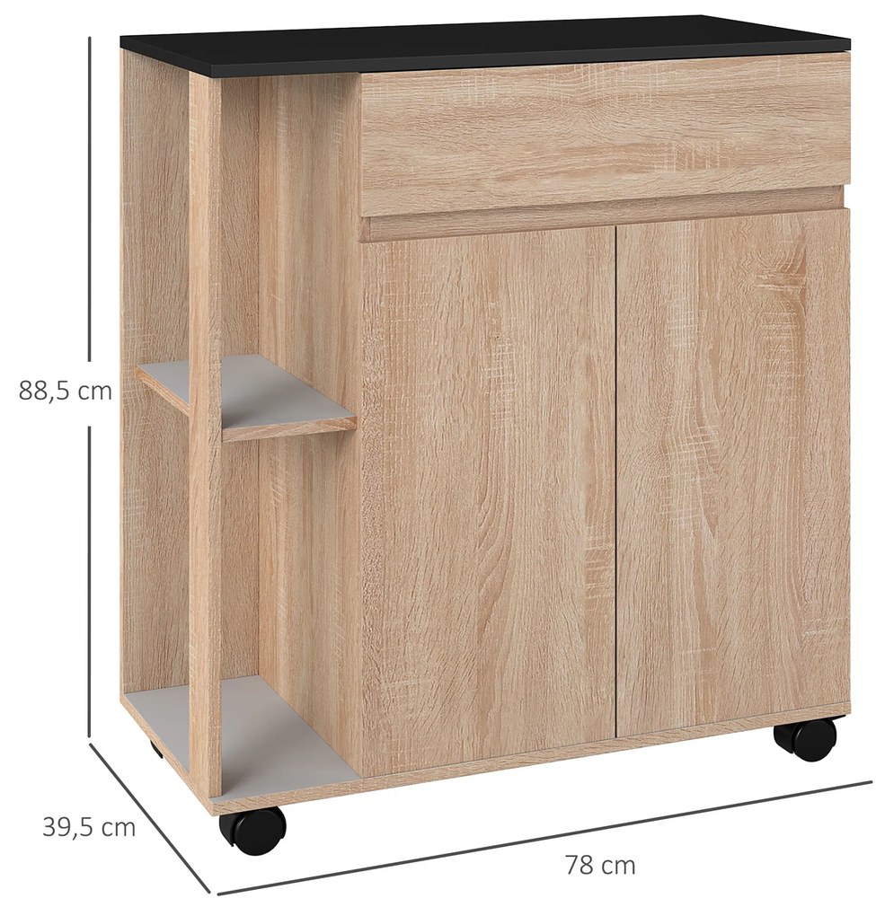 HOMCOM Dulapior de Bucătărie cu Sertare și Roți, Mobilier din Lemn, 78x39.5x88.5 cm, Stejar &amp; Negru | Aosom Romania