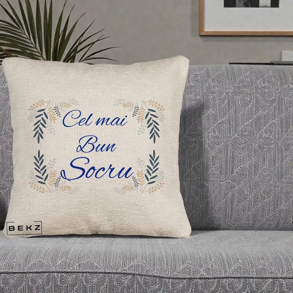 Cadou pentru Socru - Perna Personalizata Cel mai Bun Socru cu Ramuri Frunze Albastre si Aurii, 40x40 cm, Bej Canapea, Husa Detasabila, Perna Inclusa, BEKZ®
