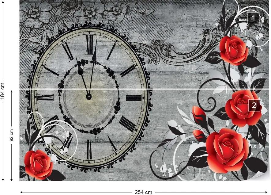 GLIX Fototapet - Clock And Roses Vintage Wood And Floral Design Vliesová tapeta  - 254x184 cm