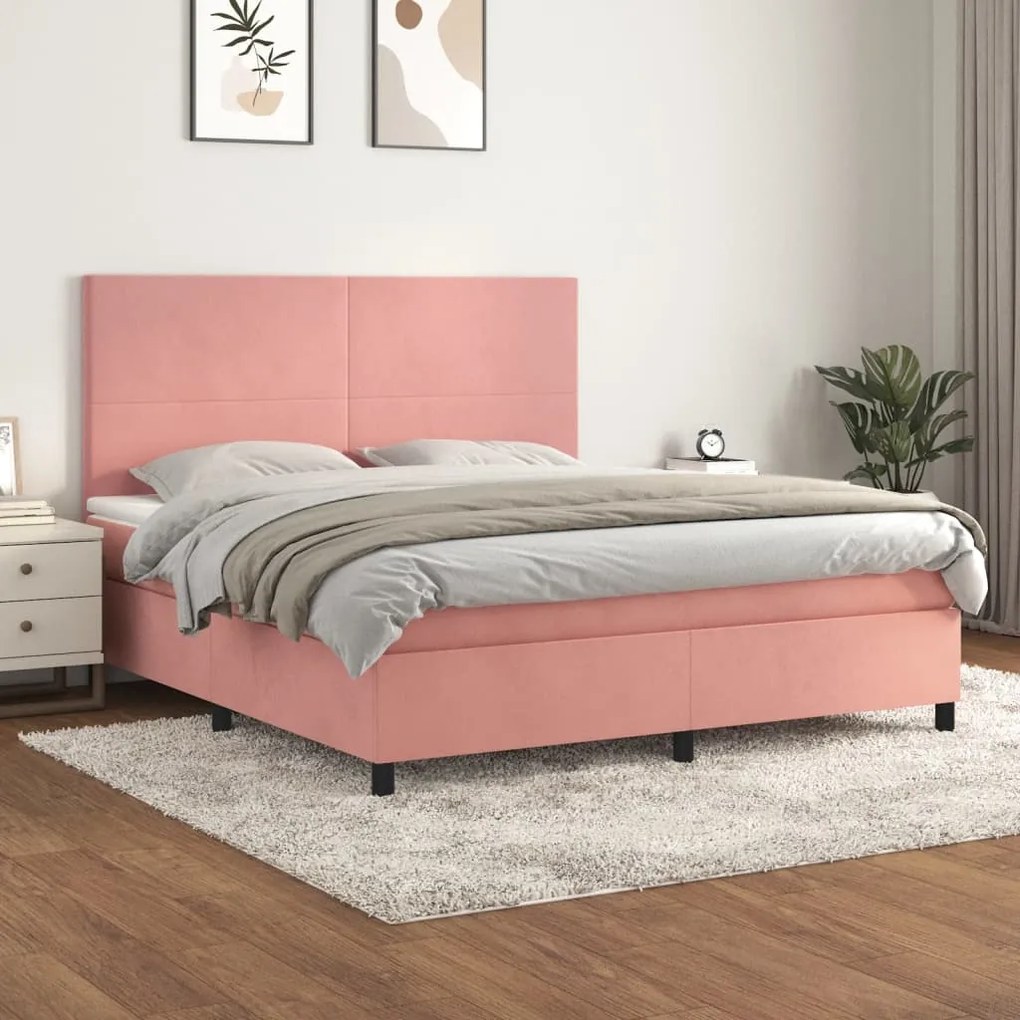 Pat box spring cu saltea, roz, 160x200 cm, catifea Roz, 160 x 200 cm, Design simplu