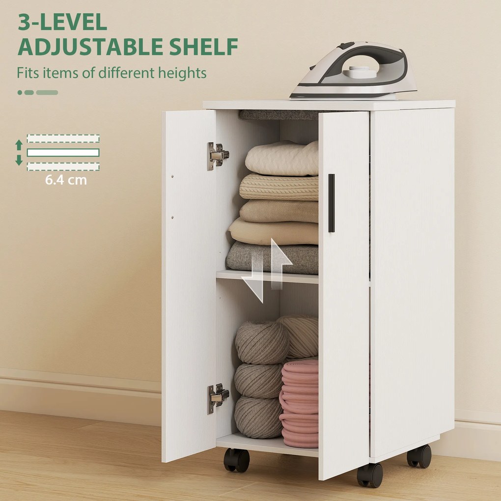 HOMCOM Mobilier pentru Masa de Călcat Pliabil cu Roți, Raft Reglabil și Închidere Soft Close, din Lemn și Material Textil, 128x43x83 cm, Alb | Aosom Romania