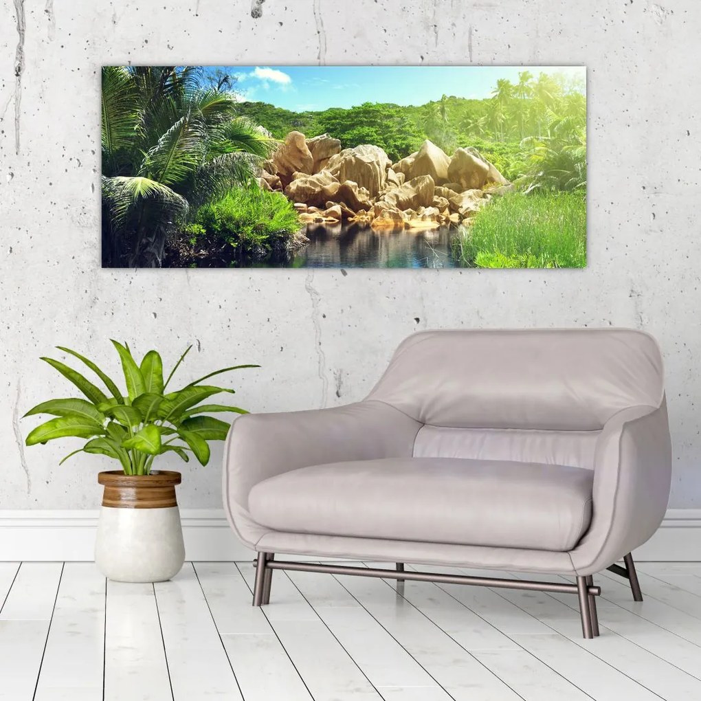 Tablou cu lac în jungla din Seychelles (120x50 cm)