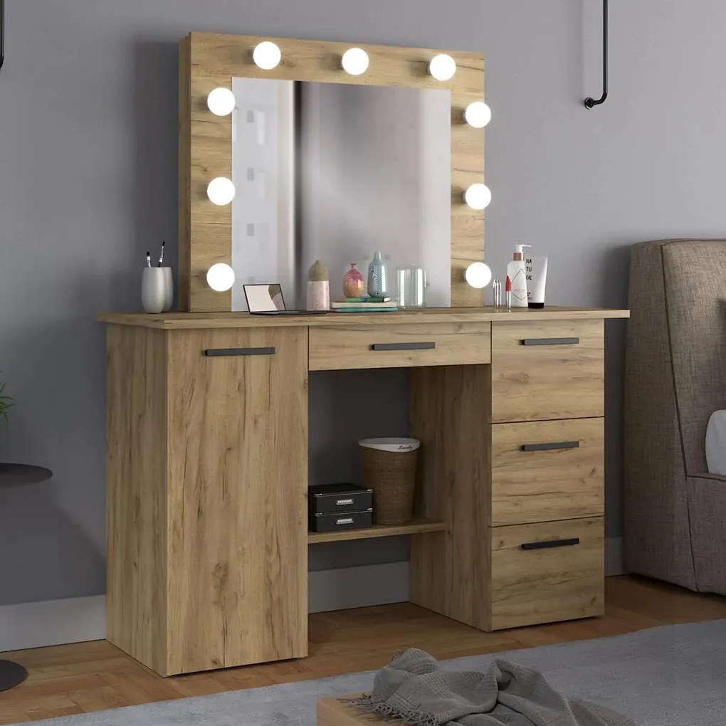 SEM516 - Set Masa toaleta, 120 cm, moderna cosmetica machiaj oglinda, masuta vanity, oglinda cu 9 LED, cu sau fara scaun - culoarea Stejar