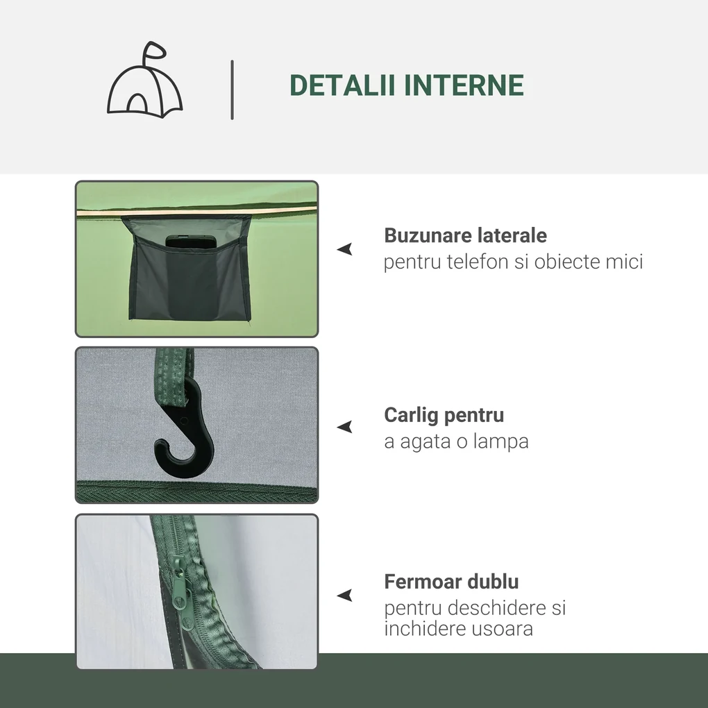 Outsunny Cort de Camping Pop Up pentru 2 Persoane cu 2 Uși, 4 Ferestre și Înveliș Impermeabil, 263.5x220x123 cm, Verde | Aosom Romania