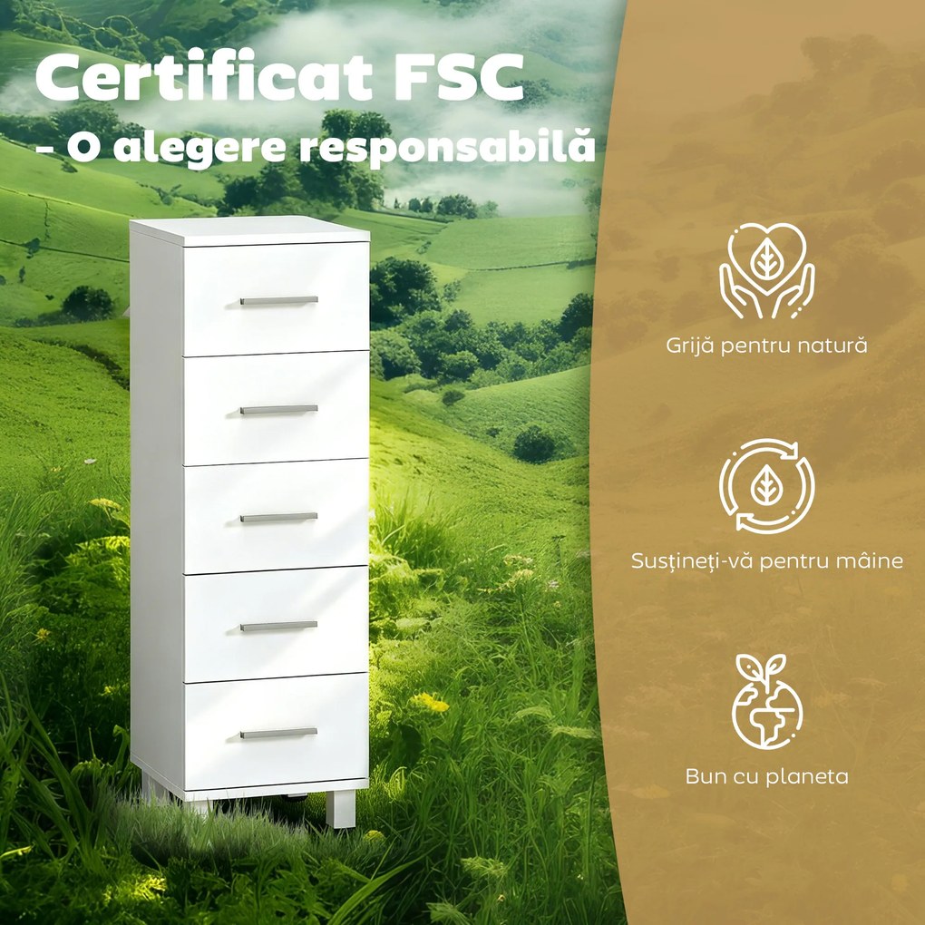 HOMCOM Comodă Slim cu 5 Sertare, Comodă Modernă pentru Baie, Dormitor sau Bucătărie, 30x30x95 cm, Alb | Aosom Romania