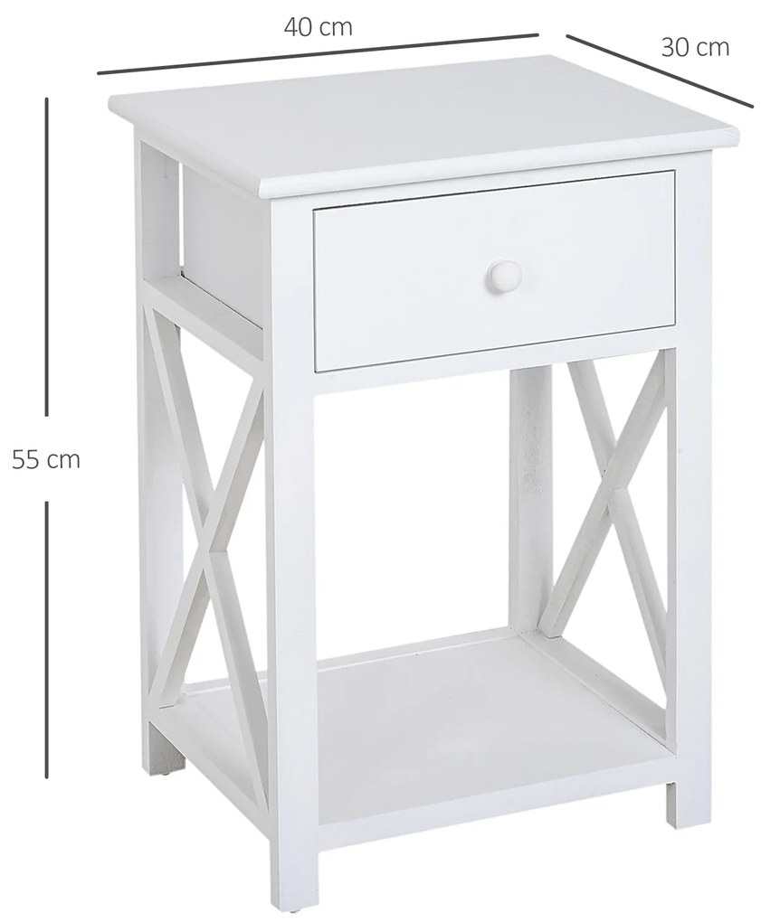 HomCom Noptiera pentru Dormitor din Lemn Alb, 40 x 30 x 55cm