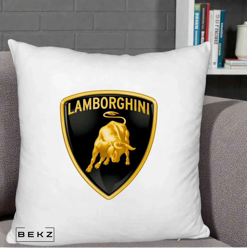 Perna Personalizata cu emblema Lamborghini, 40x40 cm, Alb Pufos, Husa Detasabila, Perna Inclusa, BEKZ®