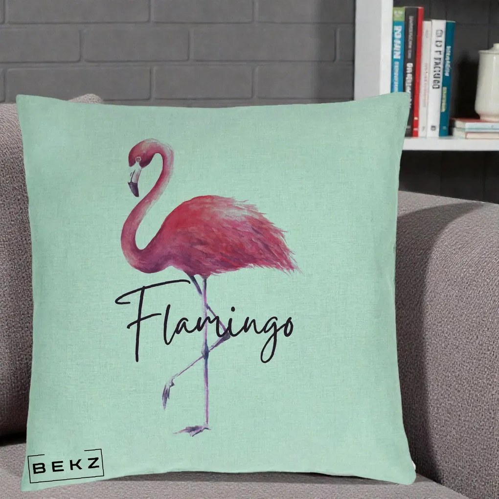 Perna Decorativa Flamingo Acuarela, 40x40 cm, Verde Menta, Husa Detasabila, Perna Inclusa, BEKZ®