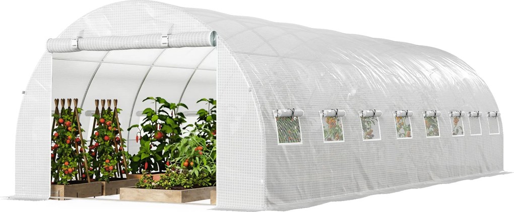 Outsunny Seră tunel de grădină 24 m² 8L x 3l x 2H m - 16 ferestre, ușă rulabilă cu fermoar, oțel galvanizat, prelată PE, Alb | Aosom Romania