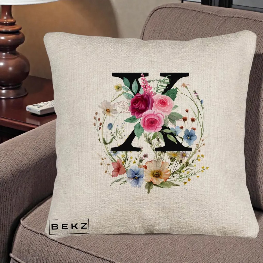 Cadou Personalizat - Perna Personalizata Monograma Florala Litera X cu Coroana, 40x40 cm, Bej Canapea, Husa Detasabila, Perna Inclusa, BEKZ®