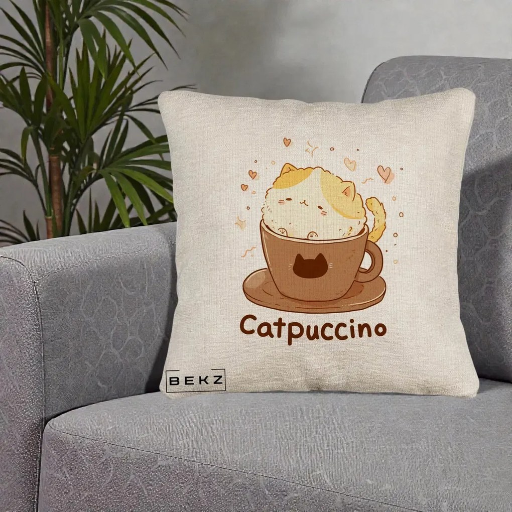 Perna Decorativa Catpuccino Pisica Cappuccino, 40x40 cm, Bej Canapea, Husa Detasabila, Perna Inclusa, BEKZ®