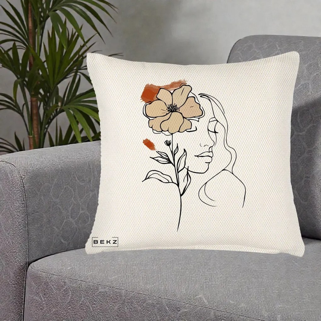 Perna Decorativa Portret Feminin Floare Bej Terracotta, 40x40 cm, Crem Reliefat, Husa Detasabila, Perna Inclusa, BEKZ®