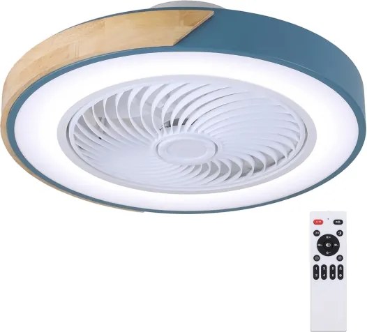 Brilagi - Lampă LED dimabilă cu ventilator, 38 W, 230 V, 50 cm, albastru/stejar + telecomandă