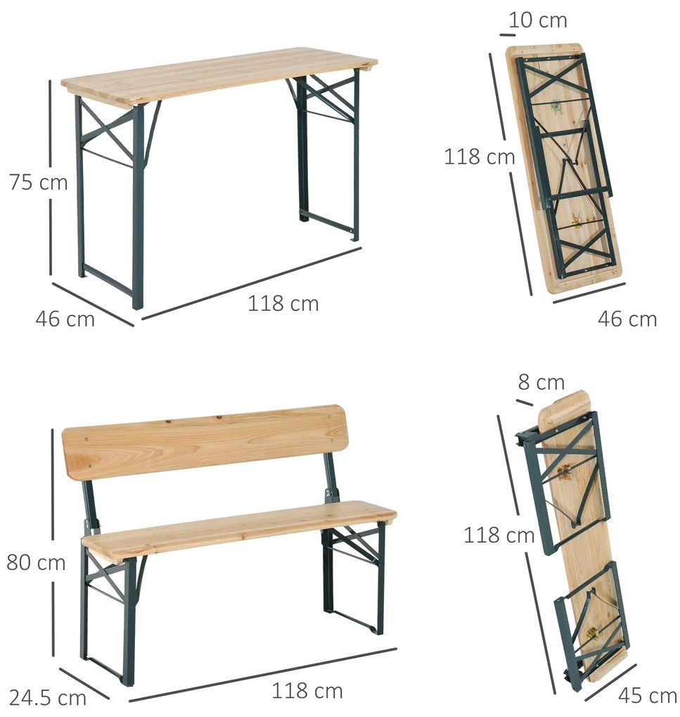 Set Outsunny Masa si 2 Banci cu Spatar Pliabil, Lemn de Brad | Aosom Romania