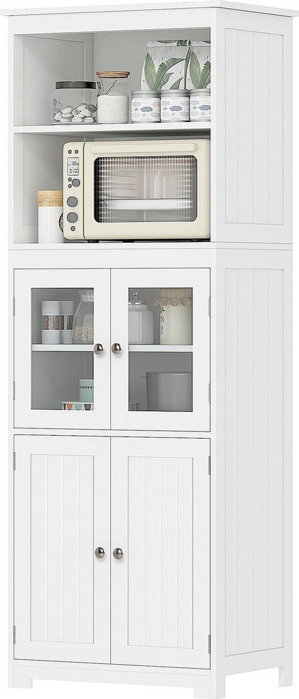 HOMCOM Dulap Camara Bucătărie, 2 Rafturi Deschise, 2 Dulapuri cu Uși, MDF și Sticlă Securizată, 60x30x162 cm, Alb | Aosom Romania