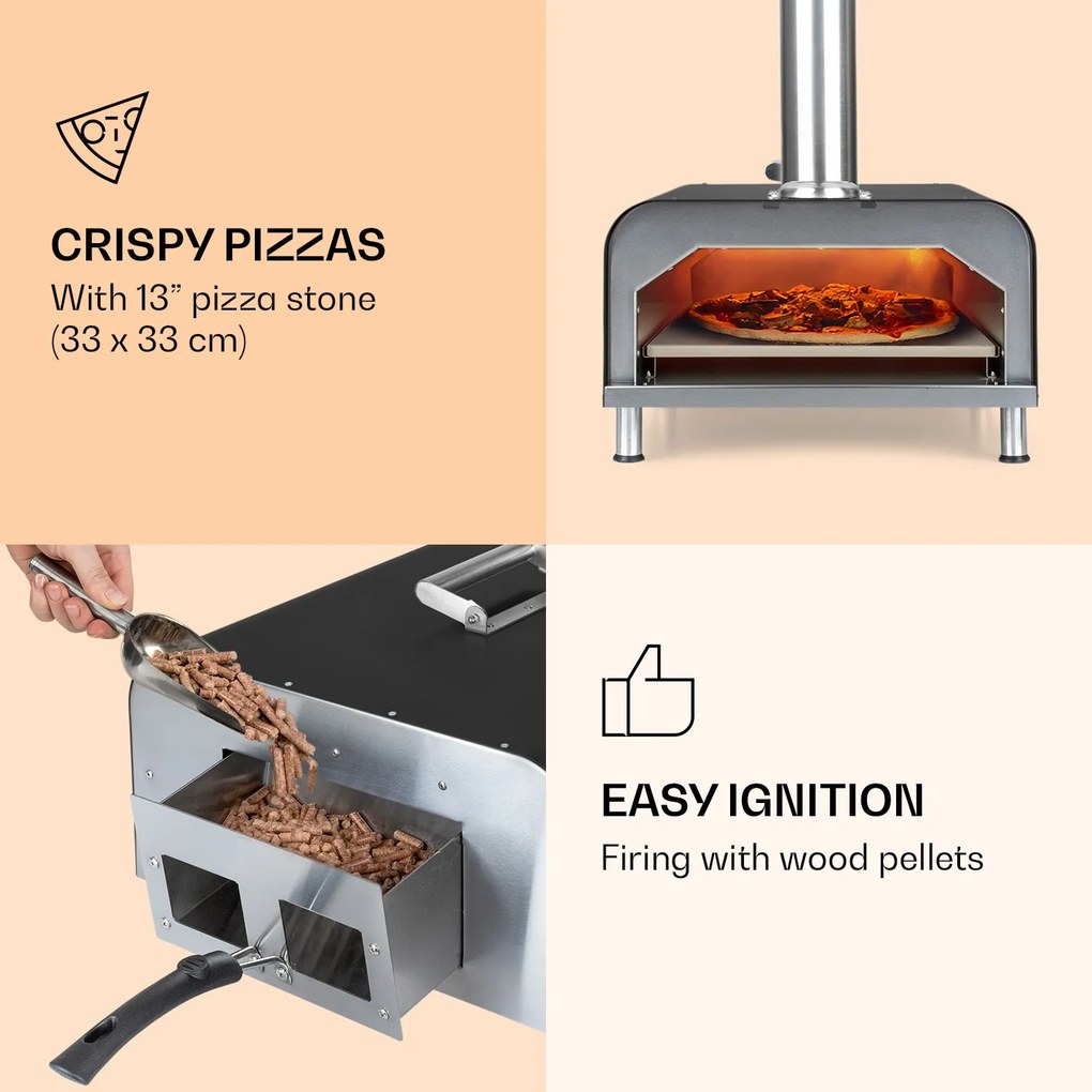 Klarstein Diavolo, cuptor pentru pizza pe peleți, inclusiv piatră pentru pizza, termometru, oțel inoxidabil