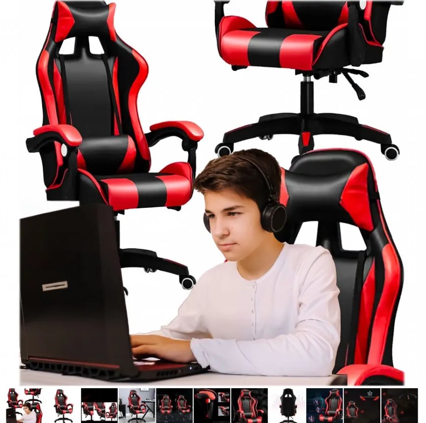 Scaun de gaming confortabil, cu pernă negru-roșu