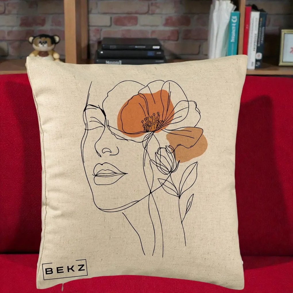 Perna Decorativa Portret Feminin Mac Profilat, 40x40 cm, Bej, Husa Detasabila, Perna Inclusa, BEKZ®