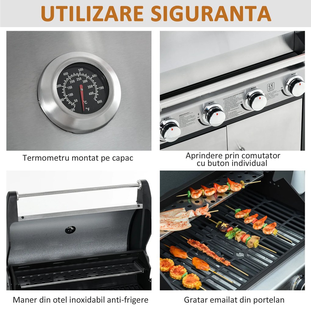 Gratar pe Gaz cu Capac Outsunny, Termometru, Otel, Negru 128x50x113cm | Aosom Romania