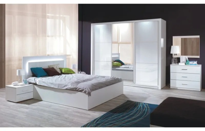 Set Mobilier Dormitor ASIENA (dulap + pat 160x200 + 2x noptieră) Alb/Alb Lucios HG