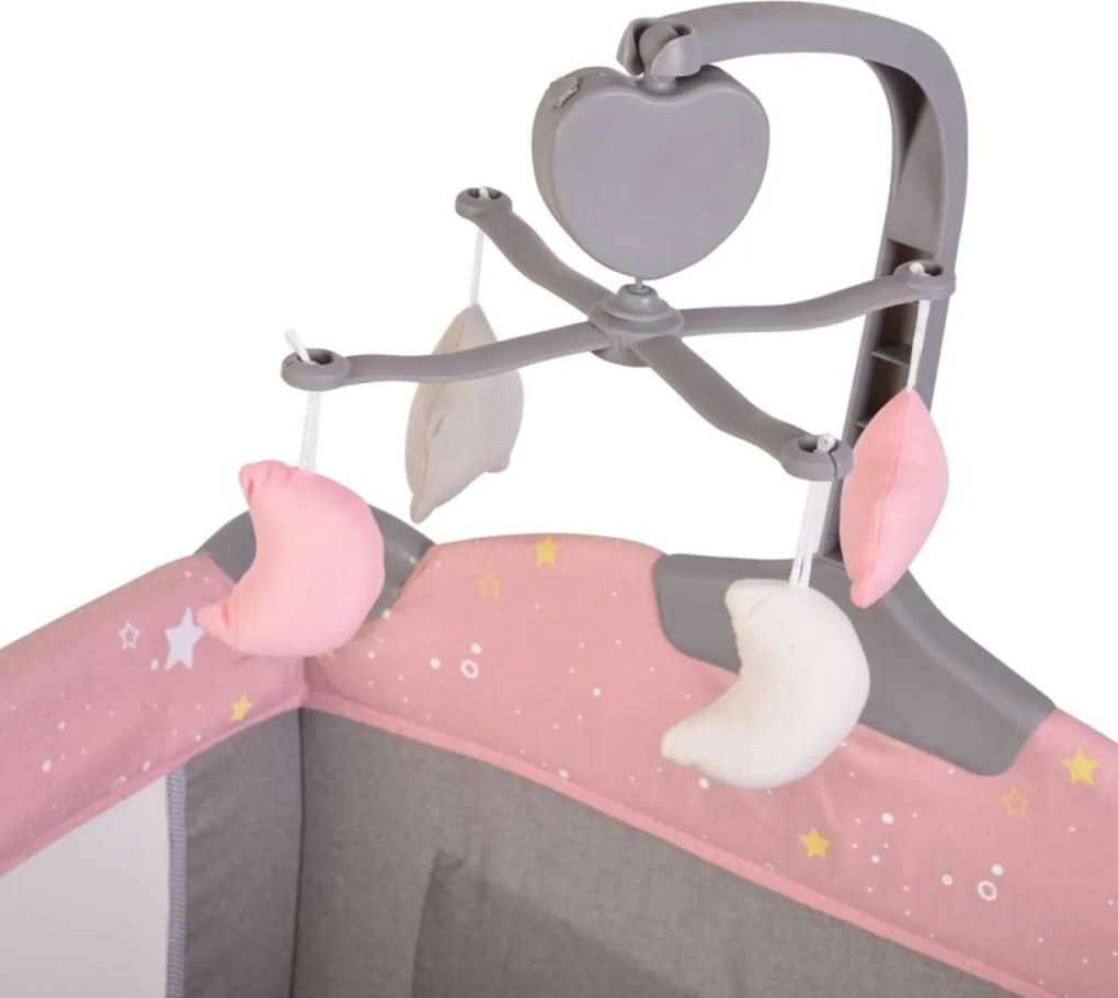 Patut pliant transformabil in tarc copii NOVOKIDS™ Onceuponatime NEST, 62X125 cm, 2 Niveluri, Jucarie Carusel muzical, Fermoar acces lateral, Roz cu
