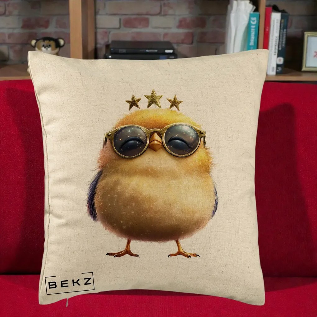 Perna Decorativa Pui Gold Star cu Ochelari Aurii, 40x40 cm, Bej, Husa Detasabila, Perna Inclusa, BEKZ®
