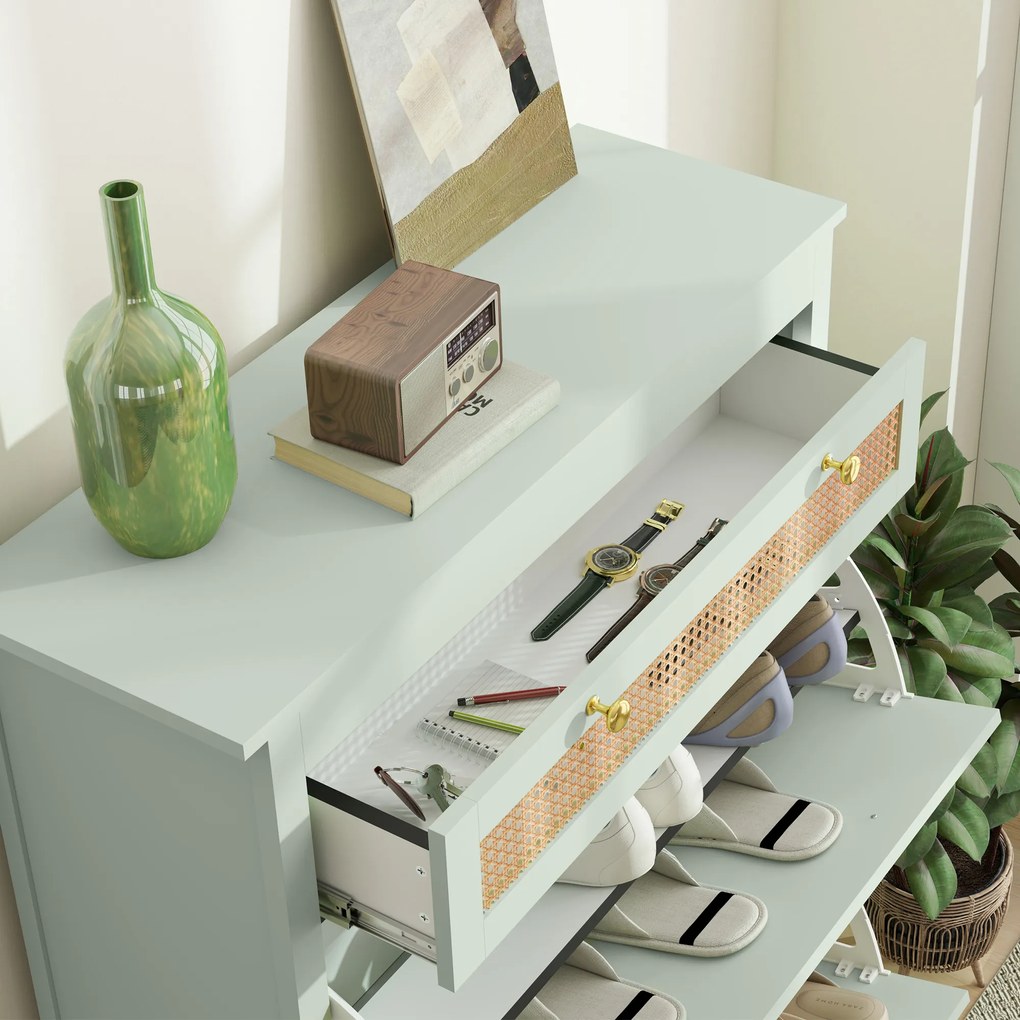 HOMCOM Sertar pentru 12 perechi de pantofi, cu 1 sertar extensibil, 2 sertare pliante, comodă pentru pantofi, 88 x 30 x 120 cm, Verde | Aosom Romania
