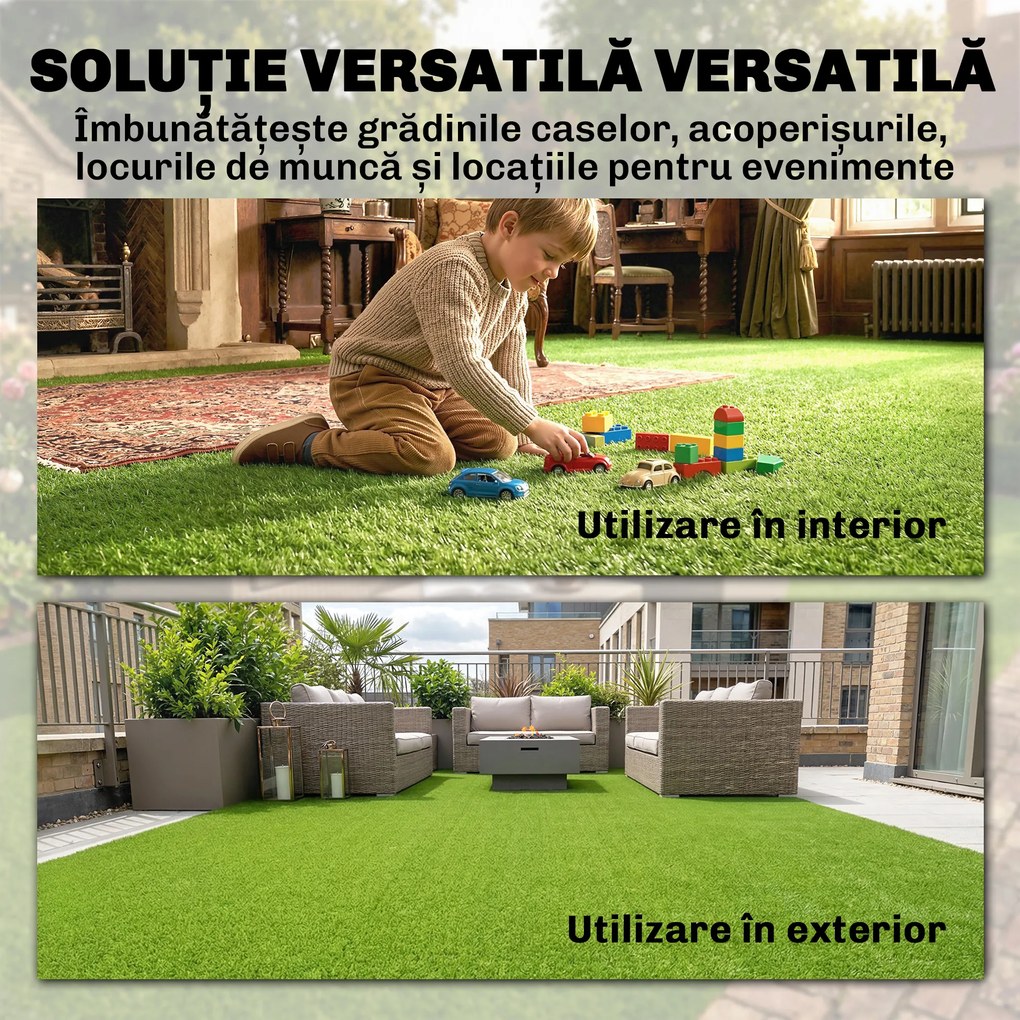 Outsunny Gazon Artificial pentru Exterior 1m x 4m, Covor Verde Sintetic cu Înălțime de 10mm, Drenant, Ideal pentru Grădini, Terase, Familii, Animale de Companie, Interior și Exterior | Aosom Romania