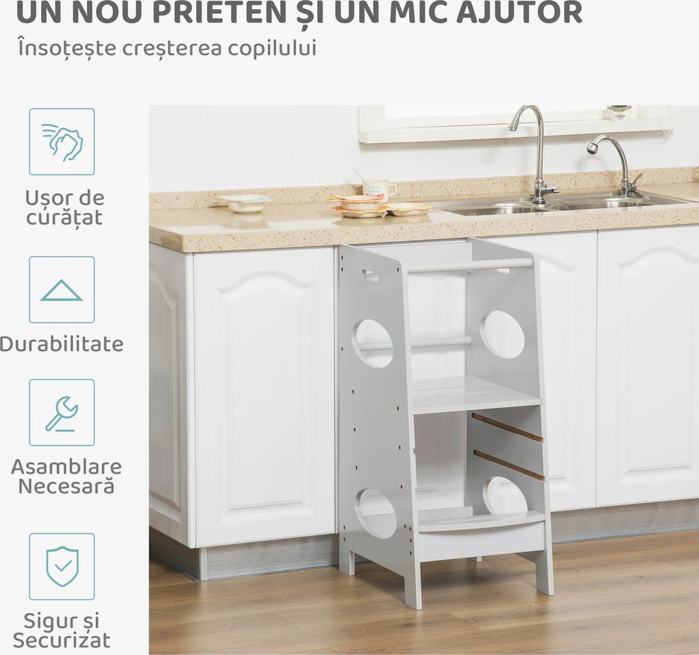 HOMCOM Turn de Învățare pentru Copii cu Înălțime Reglabilă pe 3 Nivele, 40x50x90 cm, Gri | Aosom Romania