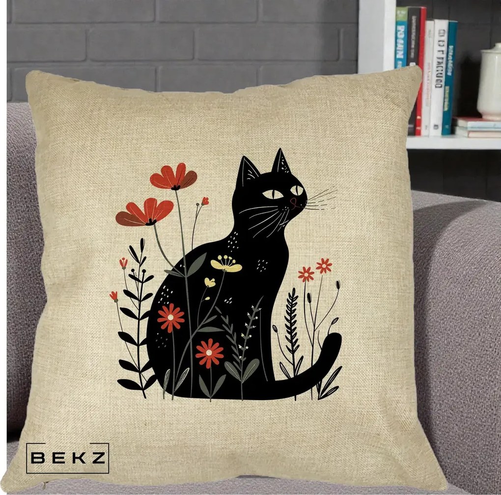 Perna Decorativa Pisica Neagra Flori Rosii Folk, 40x40 cm, Crem, Husa Detasabila, Perna Inclusa, BEKZ®