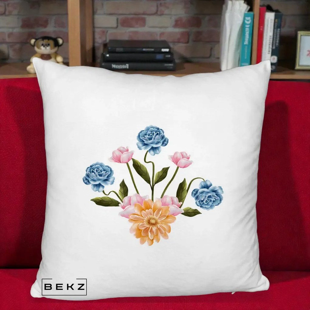 Perna Decorativa Buchet Primavara Acuarela, 40x40 cm, Alb Pufos, Husa Detasabila, Perna Inclusa, BEKZ®