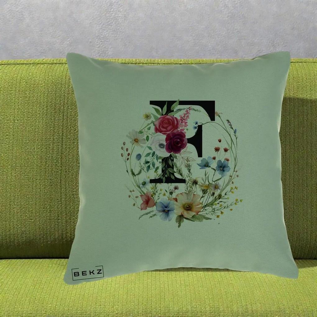 Cadou Personalizat - Perna Personalizata Monogram Litera F cu Flori Acuarela, 40x40 cm, Verde, Husa Detasabila, Perna Inclusa, BEKZ®