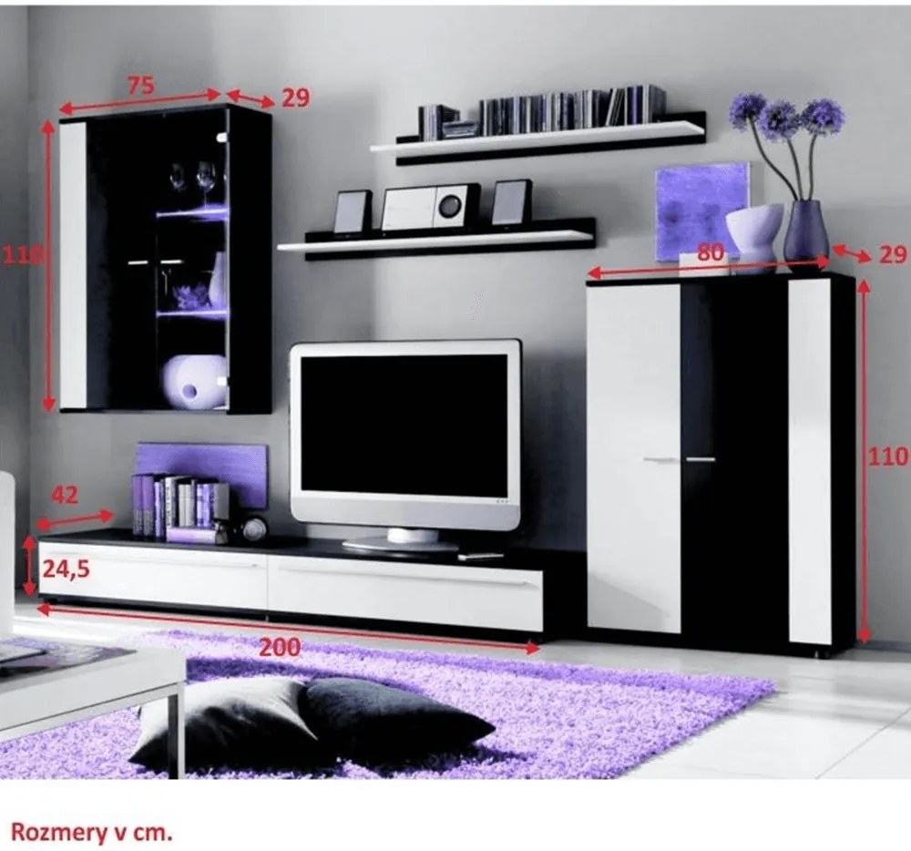 Ansamblu living, cu iluminare LED, alb/negru extra lucios HG, CANES NEW