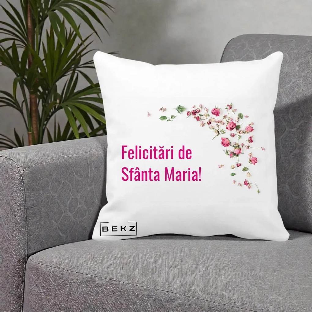 Cadou de Onomastica - Perna Personalizata Felicitari de Sfanta Maria, 40x40 cm, Alba Mata, Husa Detasabila, Perna Inclusa, BEKZ®