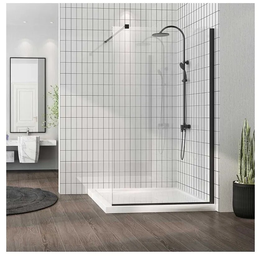 Paravan de dus tip Walk-in Fluminia Foxy 100x200 cm profil negru mat Easy Clean