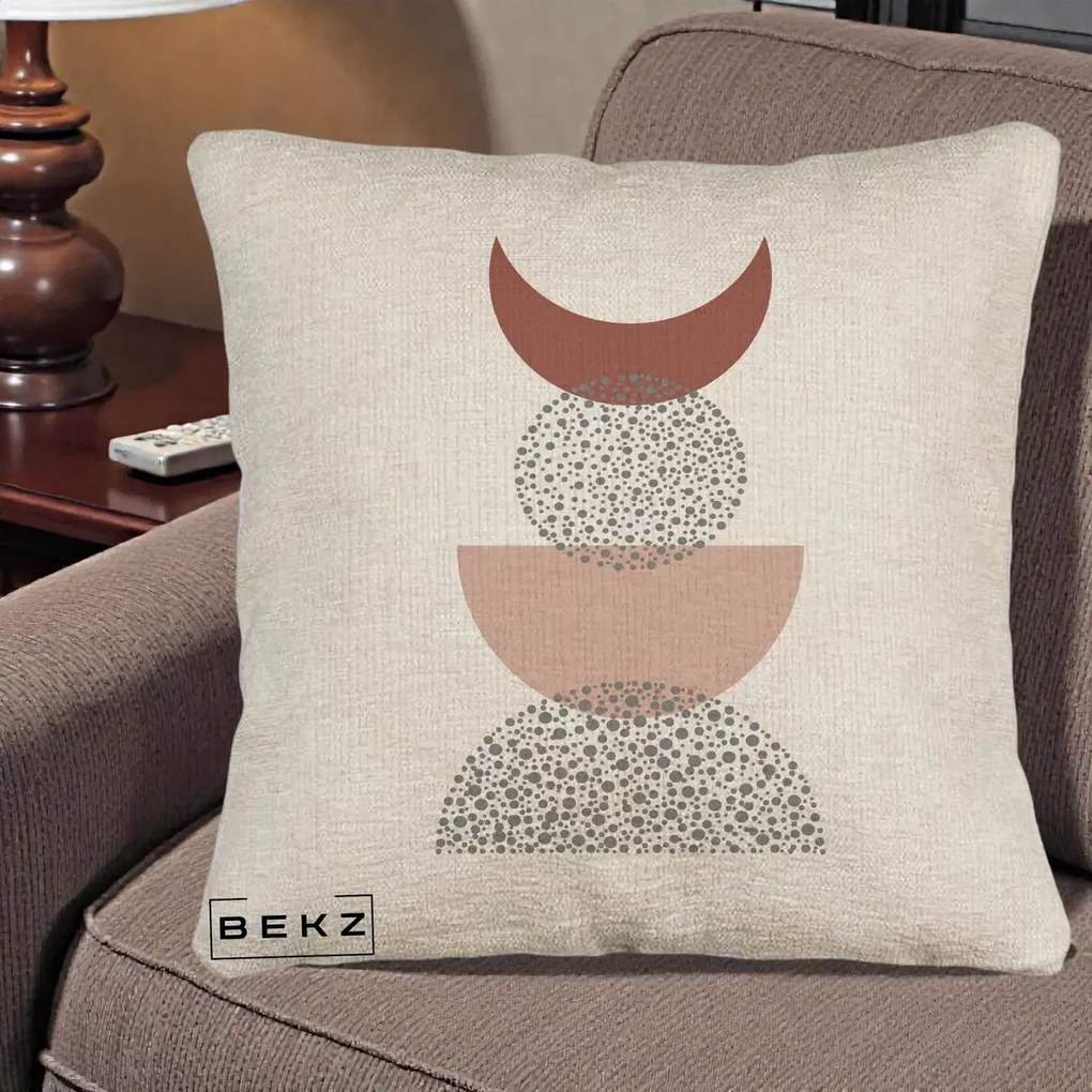 Perna Decorativa Boho Luna Plina si Forme Punctate, 40x40 cm, Bej Canapea, Husa Detasabila, Perna Inclusa, BEKZ®