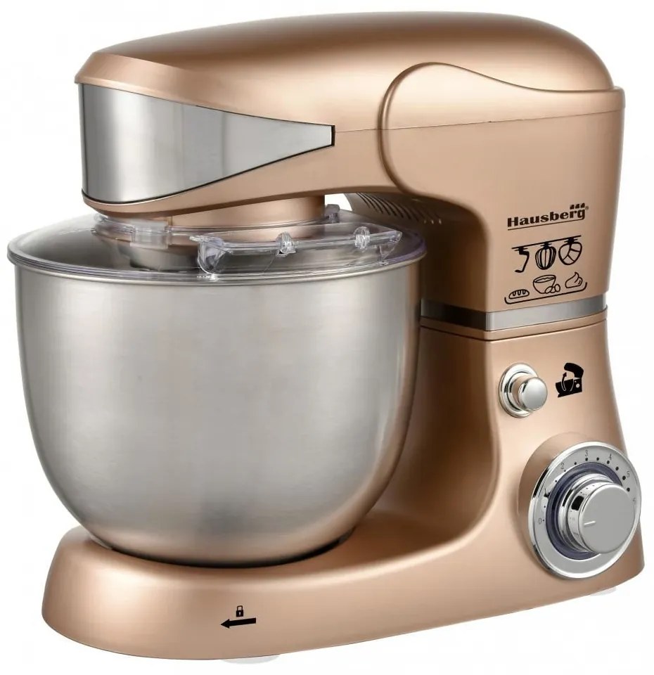 Mixer planetar cu bol din inox hausberg hb-7620au, 1000 w, 6 trepte, 5 l, auriu