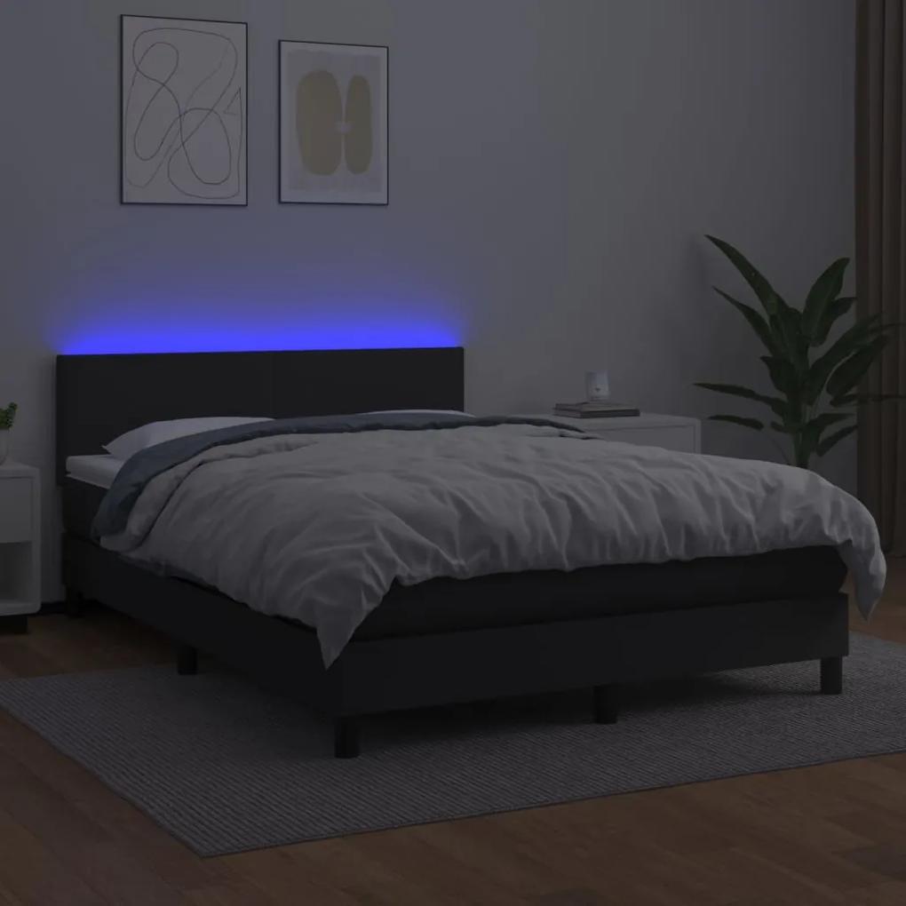 Pat continental cu saltea  LED, negru, 140x190 cm, piele eco Negru, 140 x 190 cm, Design simplu