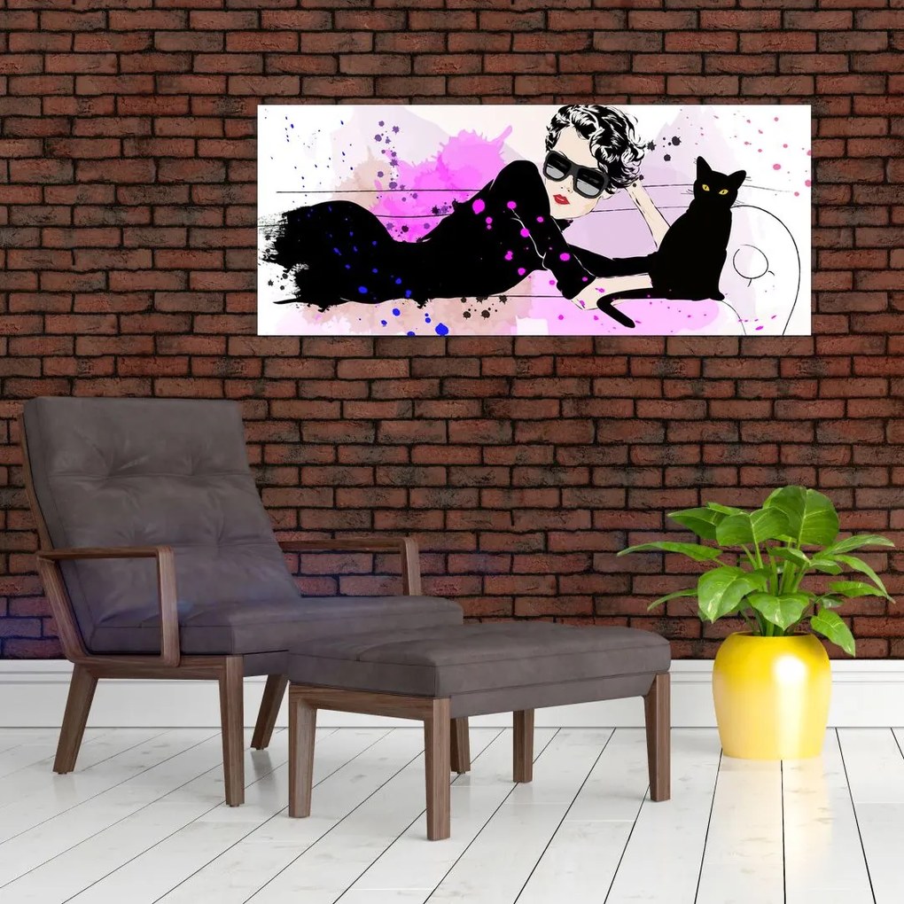 Tablou - Femeia cu pisică neagră (120x50 cm)