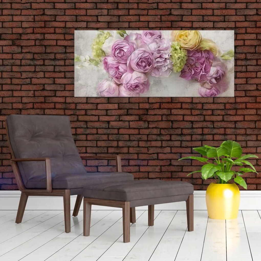 Tablou - Flori pe perete culorile pastel (120x50 cm)