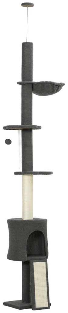 PawHut Ansamblu de joacă pentru Pisici Înalt 220-240 cm cu Hamac, Casetă, Platforme și Stâlpi din Sisal, Gri | Aosom Romania
