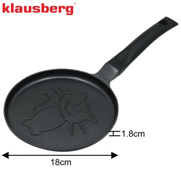Plită pentru clătite Klausberg KB 7973, 18 cm, Fund în relief cu pisicuță, Acoperire antiaderentă, fără PFOA, Inducție, Negru